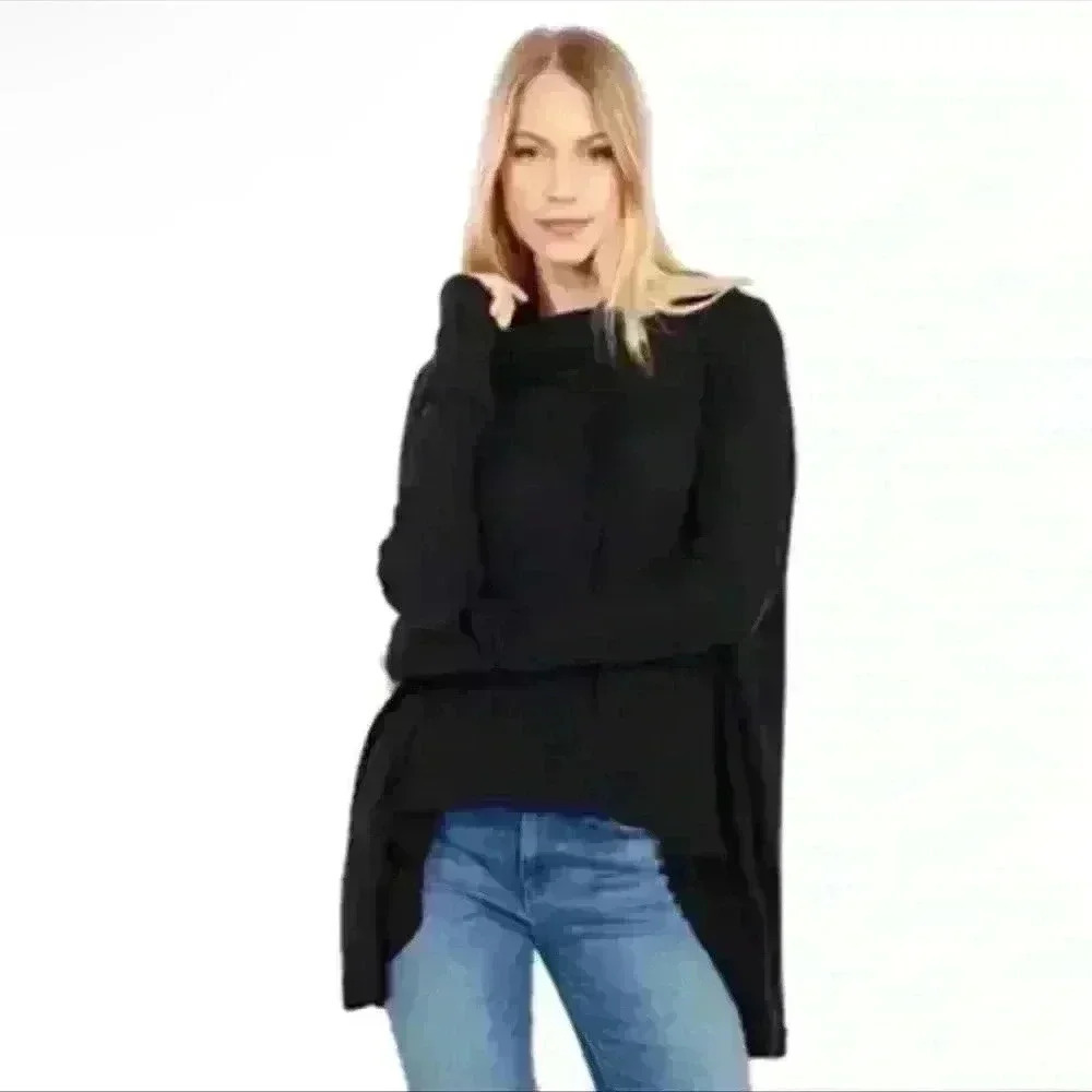 Free People Juicy Long Sleeve Waffle Knit Thermal Shirt Black NWT